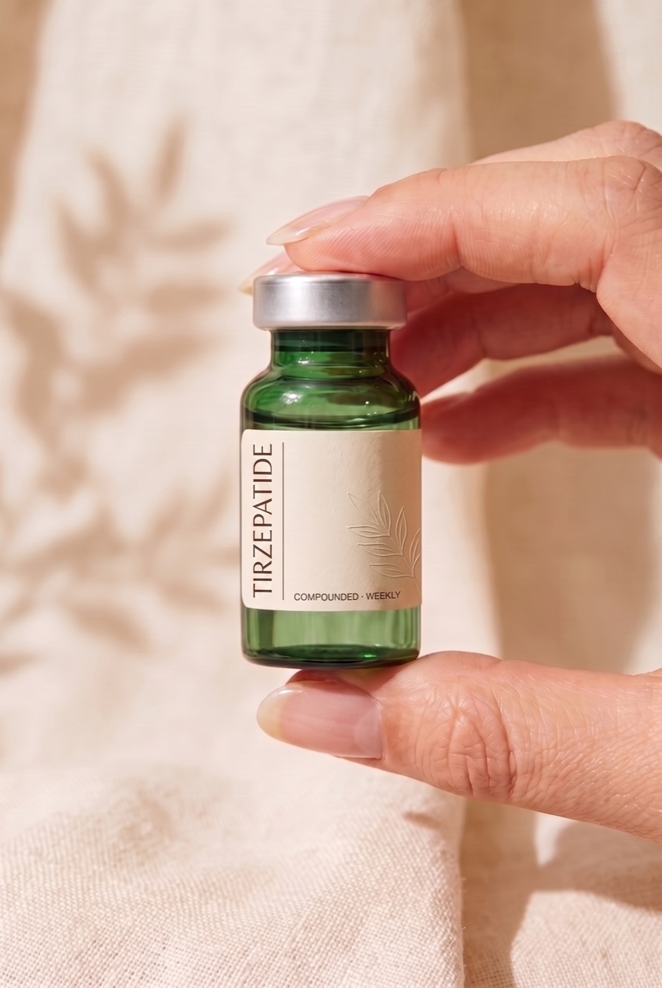 A hand holding a compounded tirzepatide vial