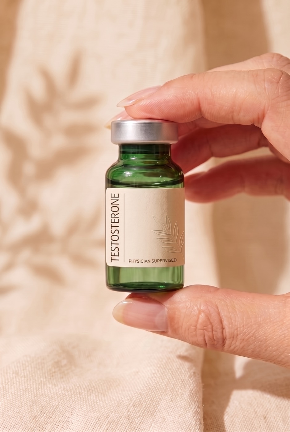 A hand holding a testosterone therapy vial