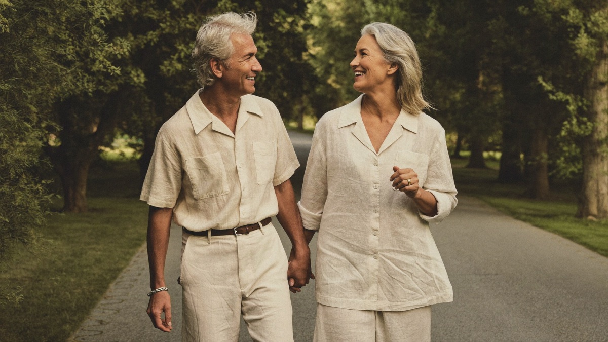 An older couple walking together outdoors