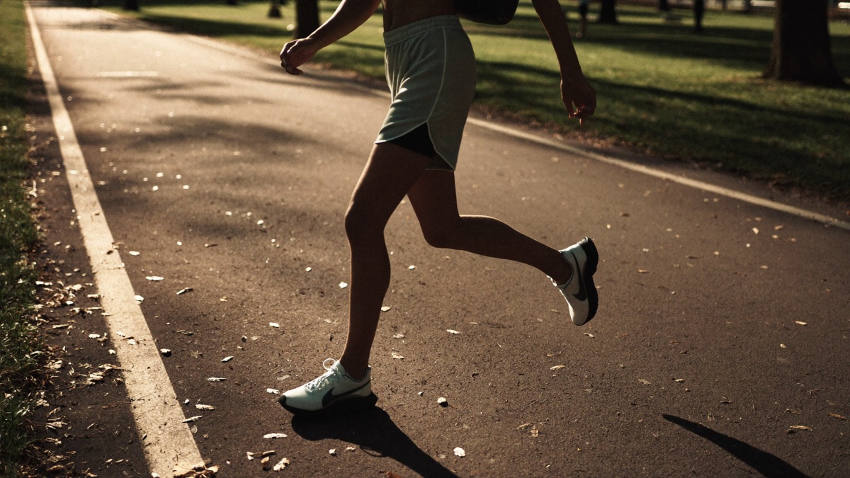 A person power-walking on a sunlit park path